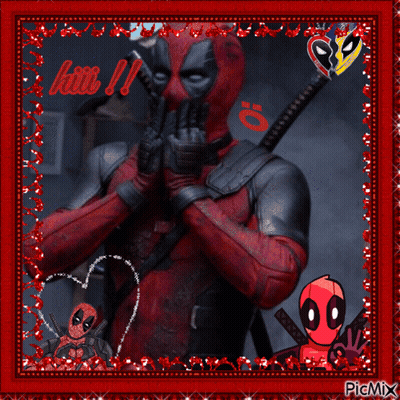 A Picture Of Deadpool Is Surrounded By Hearts And Says Hello ! GIF