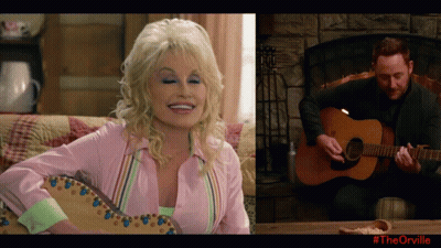 A Picture Of Dolly Parton And A Picture Of A Man Playing Guitar GIF