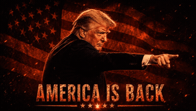 A Picture Of Donald Trump With The Words America Is Back GIF