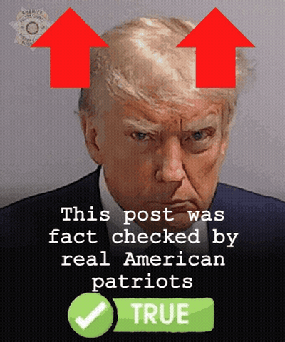 A Picture Of Donald Trump With Two Red Arrows Pointing Up And The Words " This Post Was Fact Checked By Real American Pa GIF