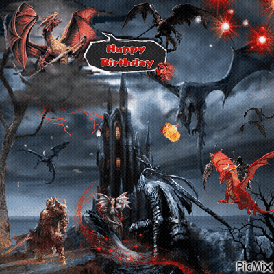 A Picture Of Dragons And A Castle With A Happy Birthday Message GIF