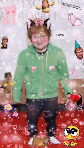 A Picture Of Ed Sheeran With A Speech Bubble That Says ' Sussy Baka ' On It GIF