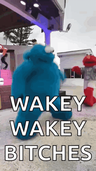 A Picture Of Elmo And Cookie Monster With The Words Wakey Wakey Bitches GIF