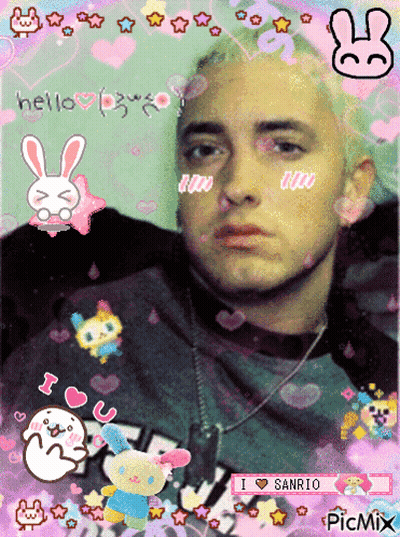 A Picture Of Eminem Is Surrounded By Hello Kitty Characters GIF