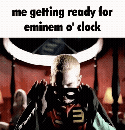 A Picture Of Eminem Wearing A Mask With The Caption " Me Getting Ready For Eminem O ' Clock " GIF