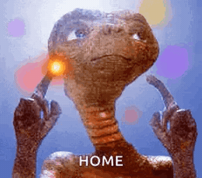 A Picture Of Et From The Movie Et With A Light Coming Out Of His Ear And The Words Home Above Him . GIF