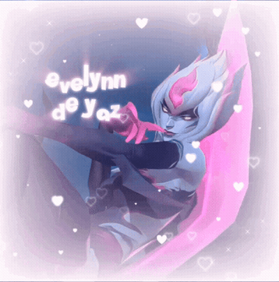 A Picture Of Evelynn De Yaz Is Surrounded By Pink Hearts GIF