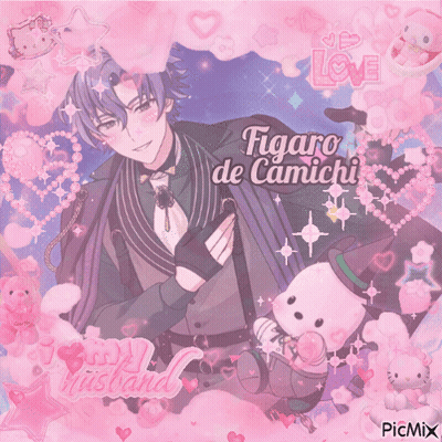 A Picture Of Figaro De Camichi With Hearts And Hello Kitty GIF
