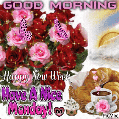 A Picture Of Flowers And A Cup Of Coffee Says Good Morning Happy New Week Have A Nice Monday GIF