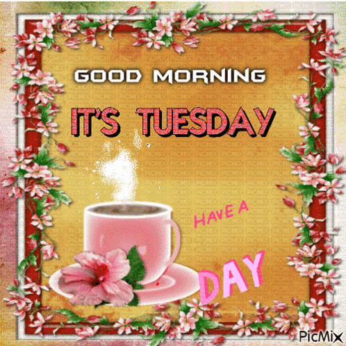 A Picture Of Flowers And A Cup Of Coffee That Says Good Morning It 'S Tuesday Have A Day GIF