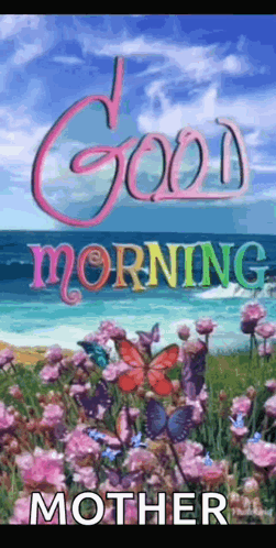 A Picture Of Flowers And Butterflies With The Words `` Good Morning Mother '' Written On It . GIF