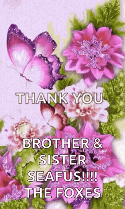 A Picture Of Flowers And Butterflies With The Words `` Thank You Brother & Sister Seafus !!! The Foxes '' GIF
