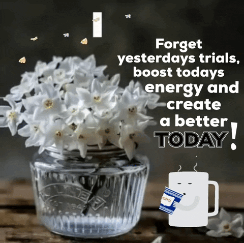 A Picture Of Flowers In A Vase With The Words " Forget Yesterdays Trials Boost Today Energy And Create A Better Today " GIF