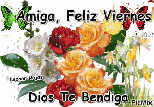 A Picture Of Flowers That Says Amiga Feliz Viernes Dios Te Bendiga Picmix GIF