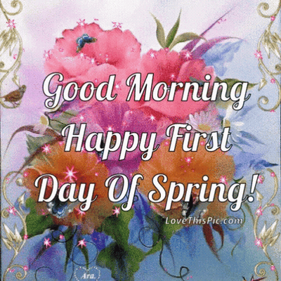 A Picture Of Flowers With The Words " Good Morning Happy First Day Of Spring " On It GIF
