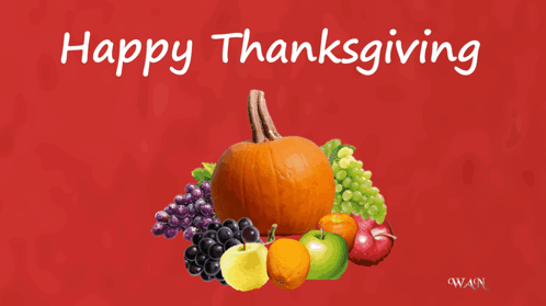 A Picture Of Fruits And A Pumpkin With The Words Happy Thanksgiving Below It GIF