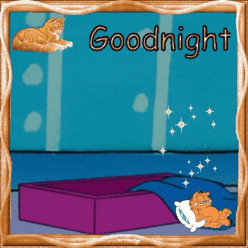 A Picture Of Garfield Sleeping In A Bed With The Words Goodnight Written Above Him GIF