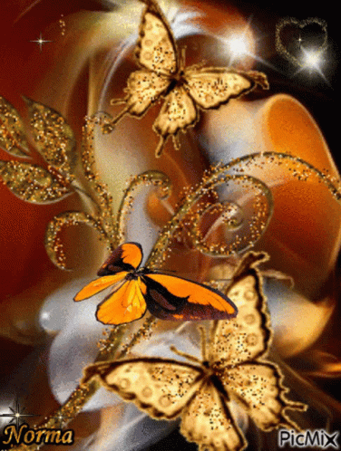 A Picture Of Golden Butterflies With Norma Written On The Bottom GIF