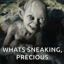 A Picture Of Gollum From The Lord Of The Rings With The Words `` Whats Sneaking , Precious '' Written On It . GIF