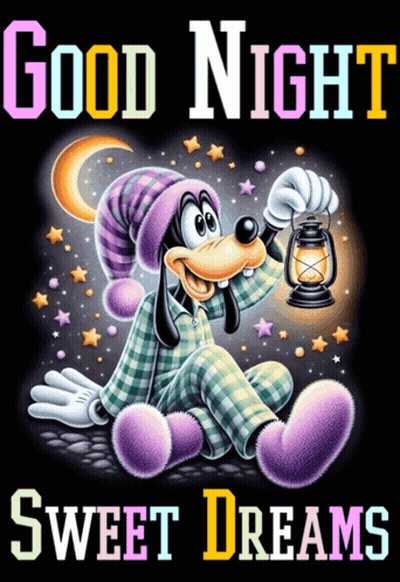 A Picture Of Goofy Holding A Lantern With The Words Good Night Sweet Dreams GIF