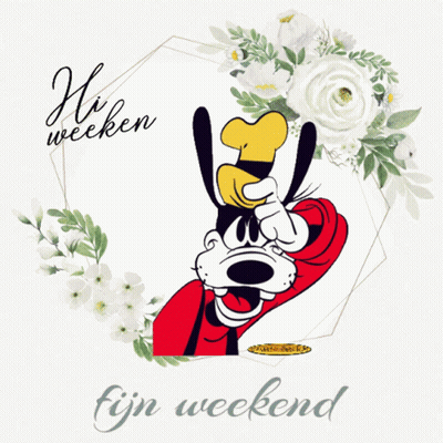 A Picture Of Goofy With The Words Hi Weekend Fijn Weekend Below It GIF
