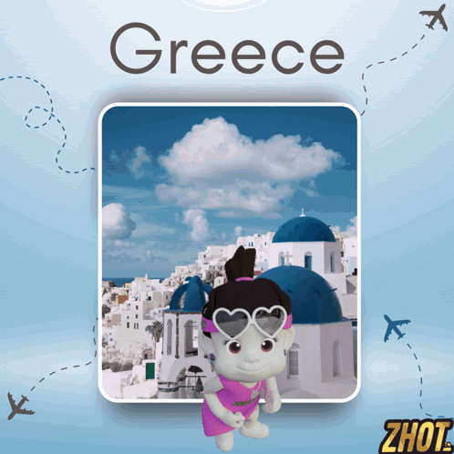 A Picture Of Greece With A Girl Wearing Sunglasses GIF