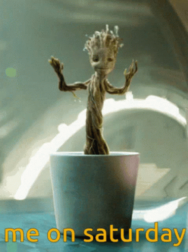 A Picture Of Groot In A Pot With The Words Me On Saturday Below It GIF