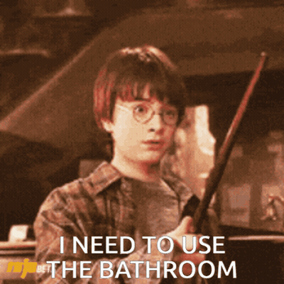 A Picture Of Harry Potter Holding A Wand With The Words I Need To Use The Bathroom Below Him GIF