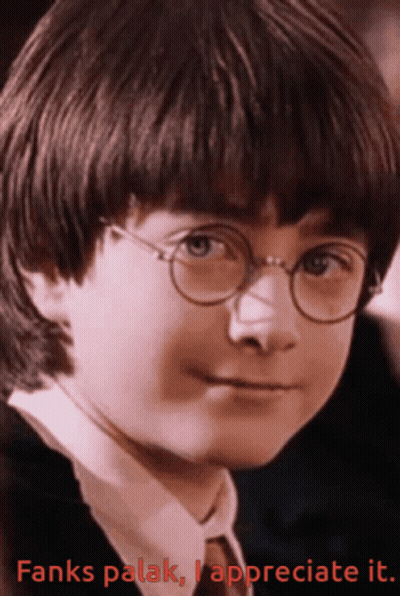 A Picture Of Harry Potter With The Words " Fanks Palak I Appreciate It " GIF