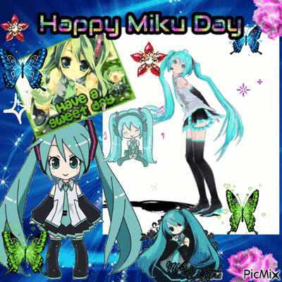 A Picture Of Hatsune Miku With The Words Happy Miku Day On Top GIF