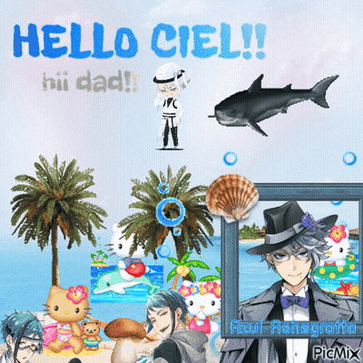 A Picture Of Hello Kitty And A Shark With The Words Hello Ciel On It GIF