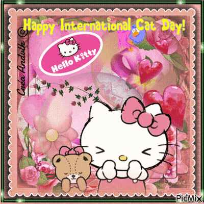 A Picture Of Hello Kitty And A Teddy Bear With The Words Happy International Cat Day GIF