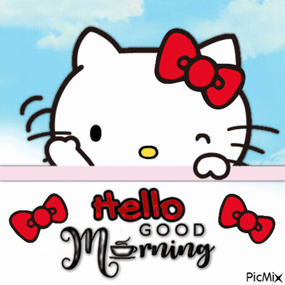 A Picture Of Hello Kitty With The Words Hello Good Morning On It GIF