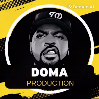 A Picture Of Ice Cube With The Words " Doma Production " On The Bottom GIF
