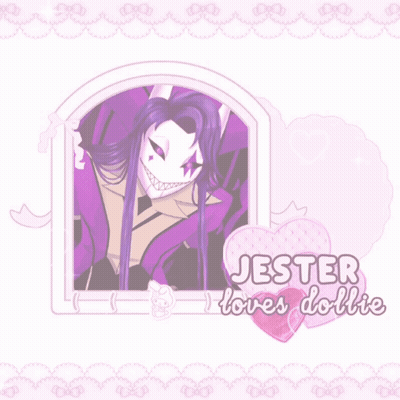 A Picture Of Jester With The Words Jester Loves Dollies GIF