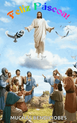 A Picture Of Jesus Flying Through The Air With The Words Feliz Pascoa Muchas Bendiciobes GIF