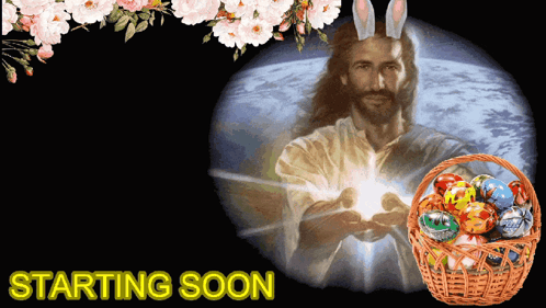 A Picture Of Jesus Holding A Basket Of Easter Eggs GIF