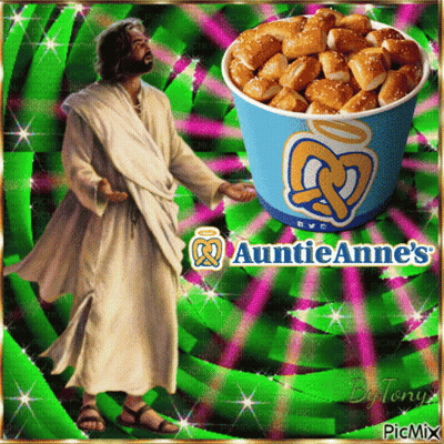 A Picture Of Jesus Next To A Bucket Of Pretzels That Says Auntieanne 'S On It GIF