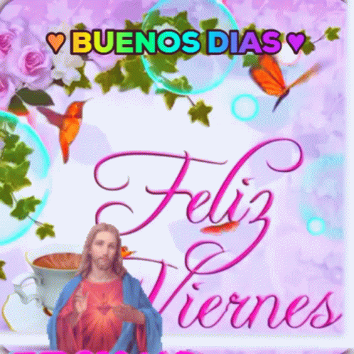 A Picture Of Jesus On A Purple Background With The Words Buenos Dias And Feliz Viernes GIF