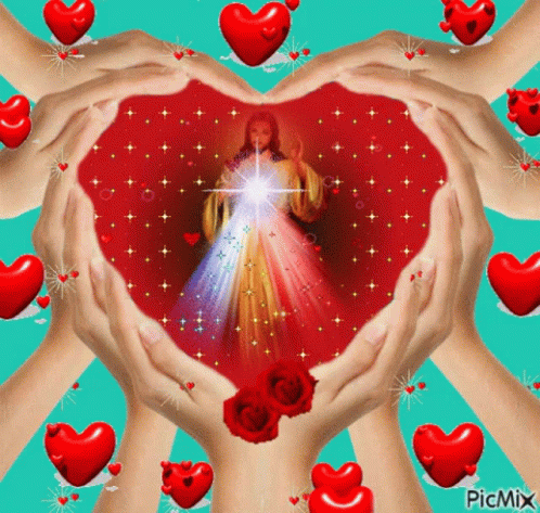 A Picture Of Jesus Surrounded By Hearts And Roses GIF