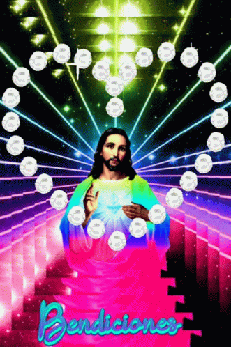 A Picture Of Jesus Surrounded By Pearls And The Words Bendiciones In Blue GIF