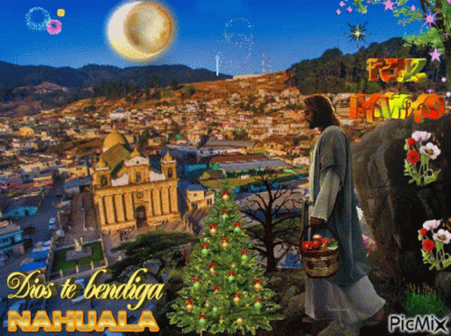 A Picture Of Jesus With A Christmas Tree And The Words Dios Te Bendiga Nahuala GIF