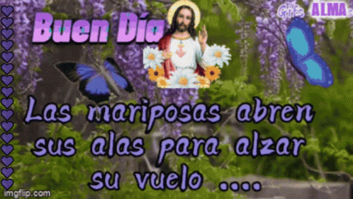 A Picture Of Jesus With Butterflies And The Words Buen Dia Las Mariposas Abren Sus Alas Para Alzar Su Vuelo GIF