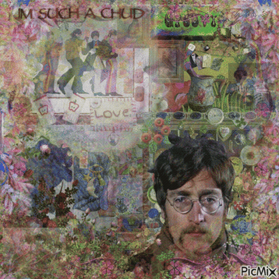 A Picture Of John Lennon Is Surrounded By Flowers And The Words Im Such A Chude GIF