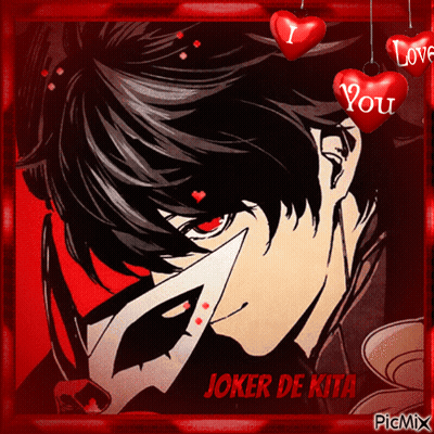 A Picture Of Joker De Kita With Red Hearts Hanging Around Him GIF