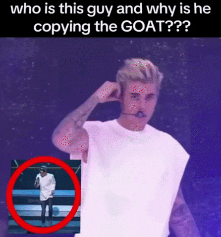 A Picture Of Justin Bieber On Stage With The Caption Who Is This Guy And Why Is He Copying The Goat GIF
