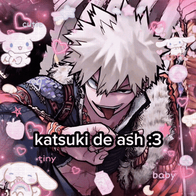 A Picture Of Katsuki De Ash Surrounded By Pink Hearts And Tiny Hearts GIF