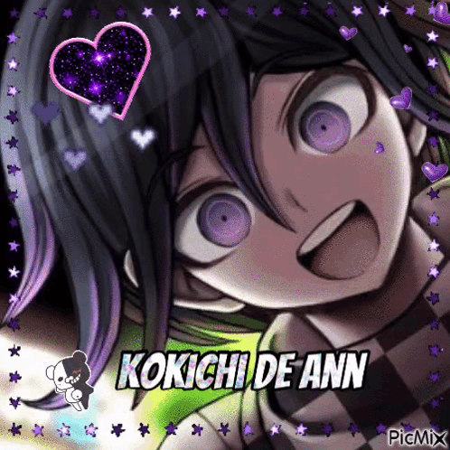 A Picture Of Kokichi De Ann From Danganronpa With Purple Eyes And A Heart In The Background . GIF