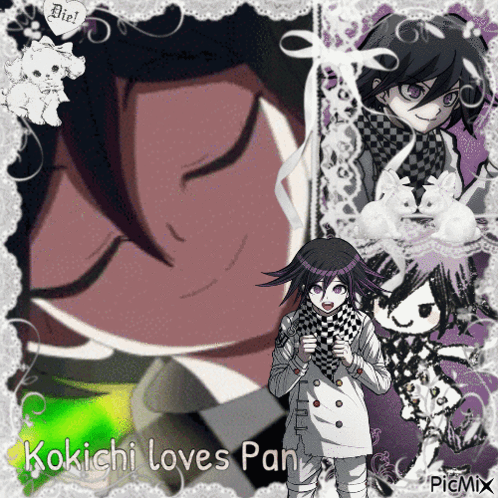 A Picture Of Kokichi Loves Pan With A Purple Background GIF