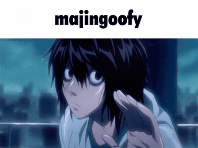 A Picture Of L From Death Note With Majingoofy Written Above Him GIF